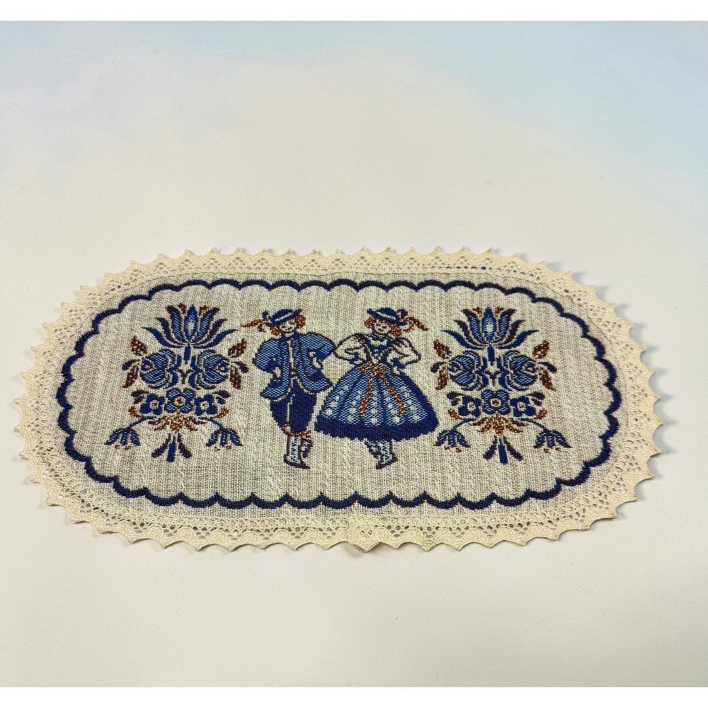 Vintage Austrian Haller Textile Folk Art Lace Doily Blue Couple Dancing Shelf